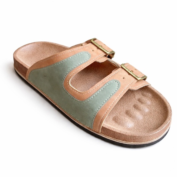 Women’s Sage Blue Tan Double Buckle Slide Sandals Size 42 / 11 Cork Footbed NEW - Picture 2 of 2